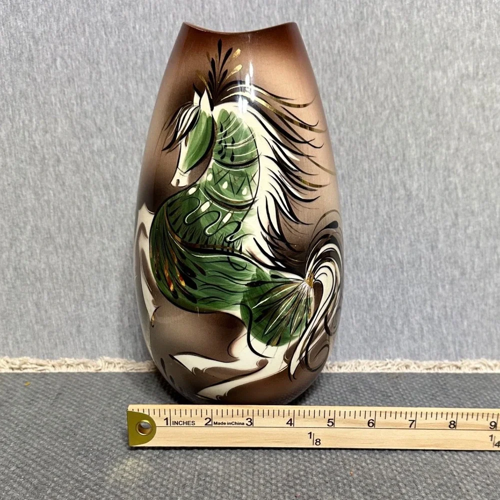 Vintage L. Scott Signed Ceramic Horse Vase Brown Green Gold Hand Painted 9.5